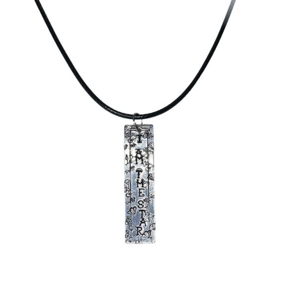 Handmade stamped motivational silver rectangular  black leather‎ cord necklace